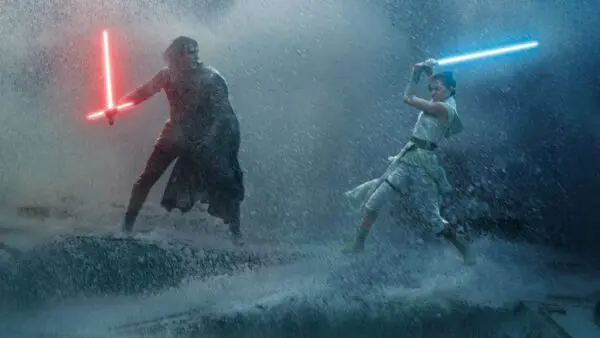 Kylo Ren fights Ren Palpatine in a rainy lightsaber battle from Star Wars Rise of Skywalker