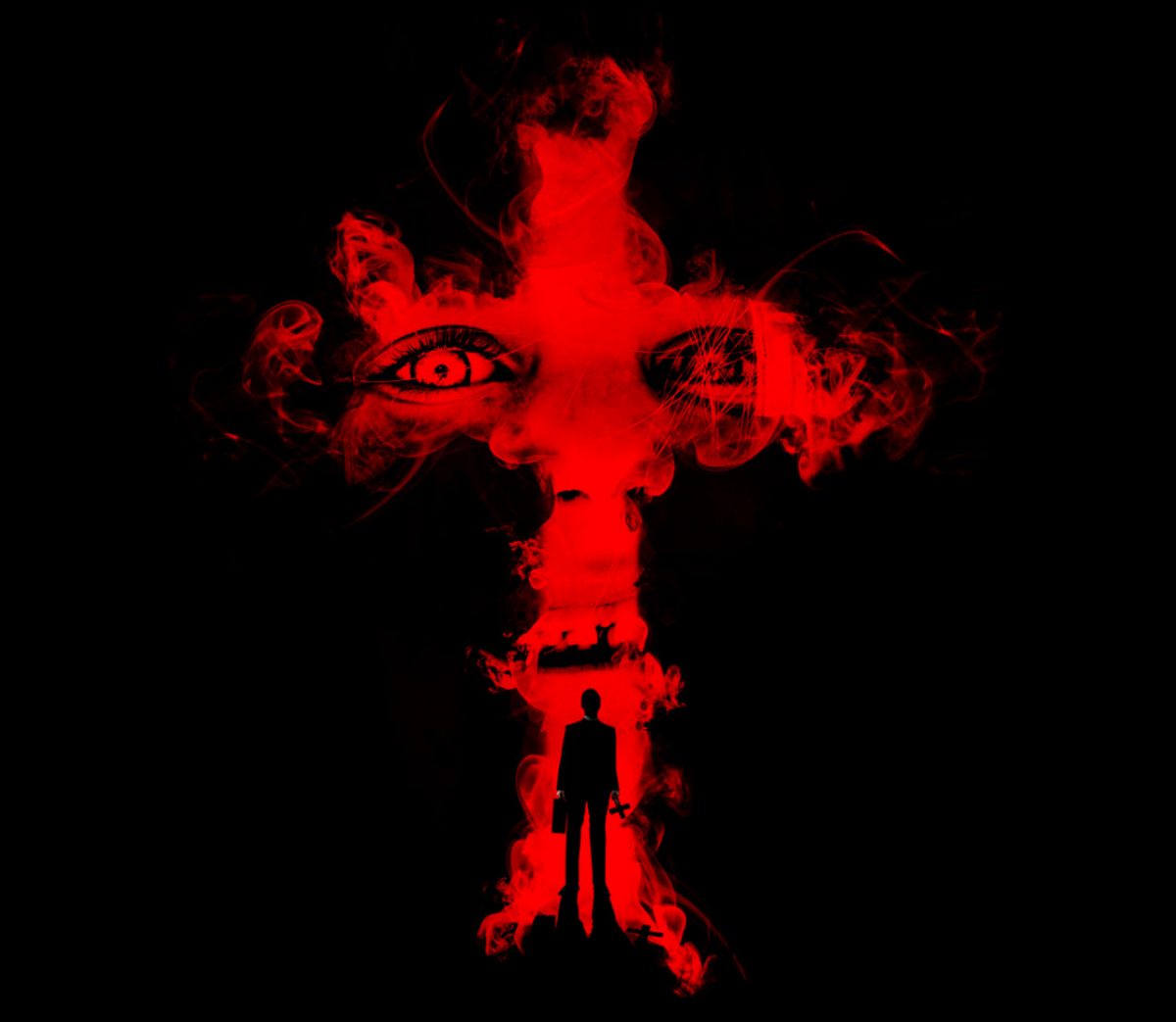 Red smoke cross with man silhouette.