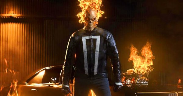 Ghost Rider with flaming skull and motorcycle.