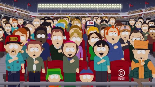 South Park characters stand and pledge allegiance.