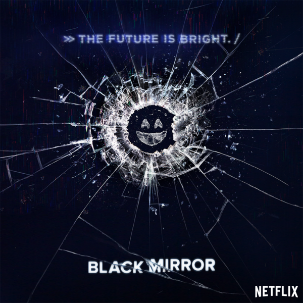 Black Mirror poster with a cracked screen.