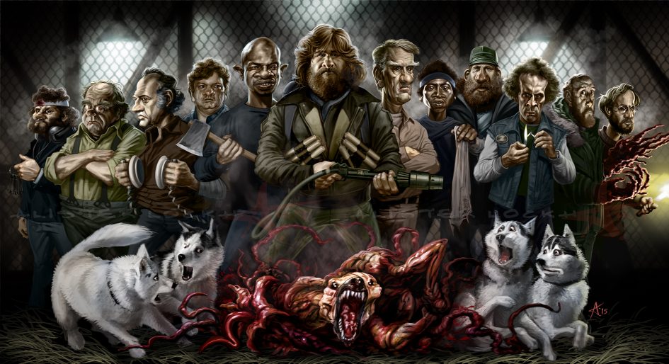 Caricature of horror movie characters and dogs.