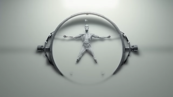 A skeletal figure suspended in a circular frame.