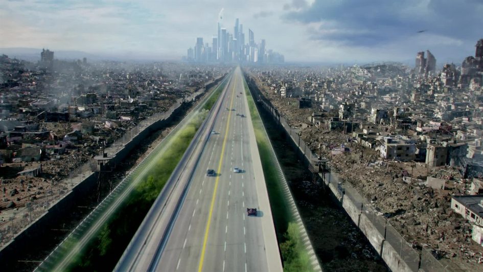 Highway through a ruined city with a futuristic skyline.