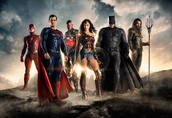 Justice League superheroes standing together.