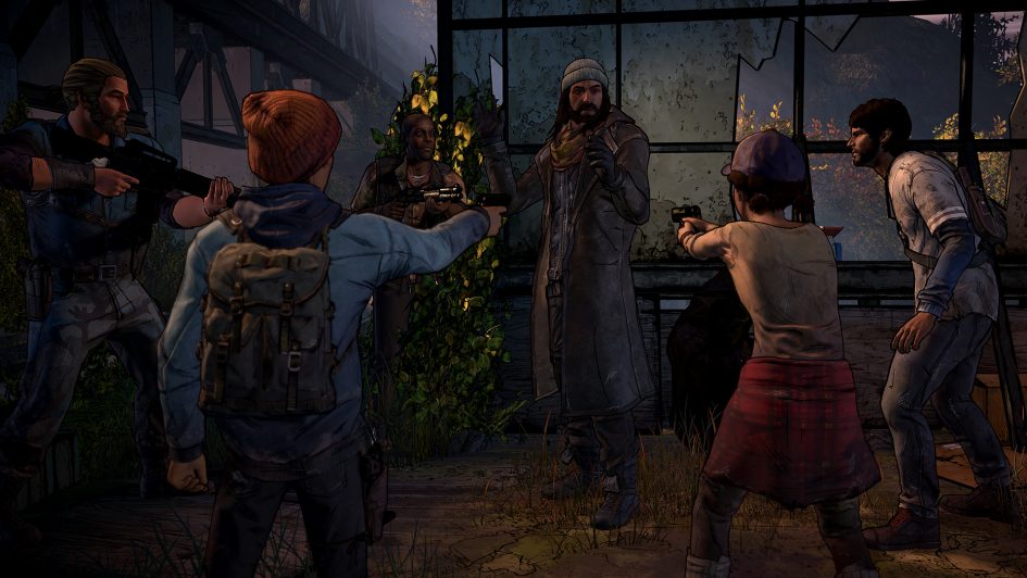 Group of characters in a standoff with guns.