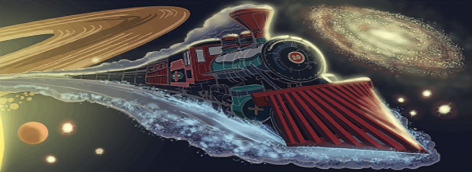 A steam train travels through space.