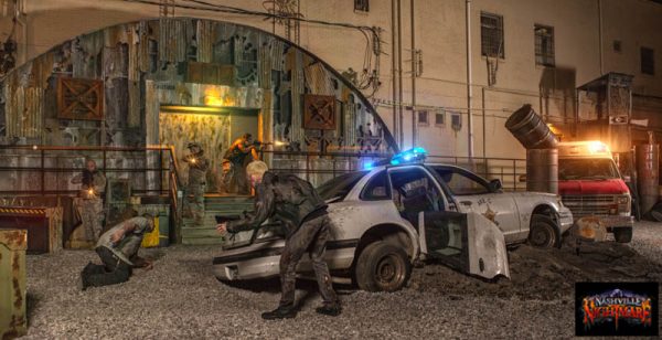 A wrecked police car in a post-apocalyptic scene.