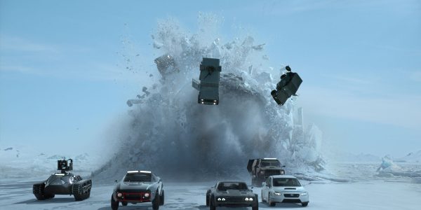 Cars on a frozen landscape with an explosion.