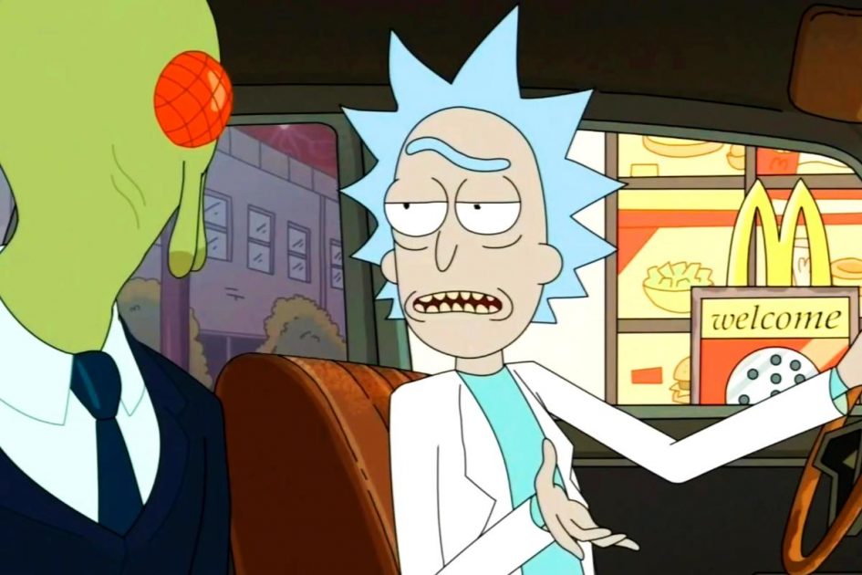 Rick Sanchez in a car at a fast food restaurant.