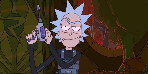 Rick Sanchez holding a gun, smirking.