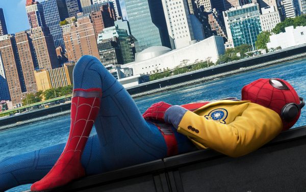 Spider-Man in a yellow jacket, NYC skyline.