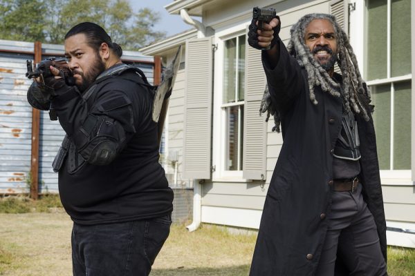 Two men holding guns in a yard.