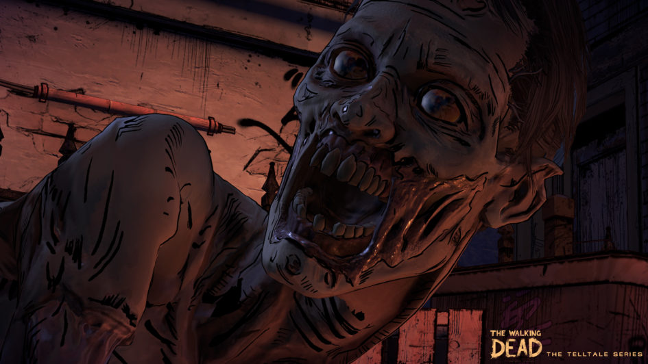 A close up of a zombie's face.