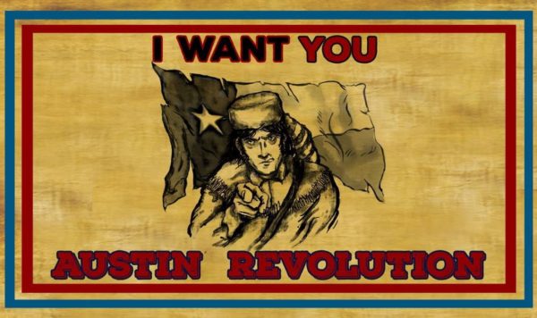 Texas Revolution poster with man pointing.