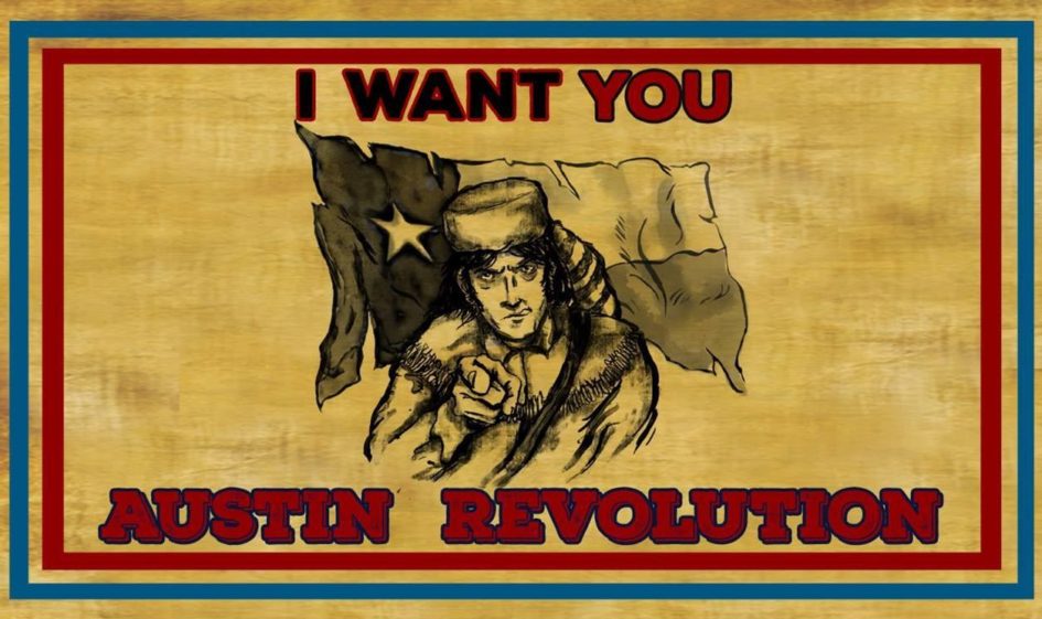 Texas Revolution poster with man pointing.