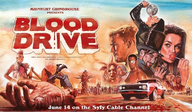 Blood Drive movie poster with car and characters.