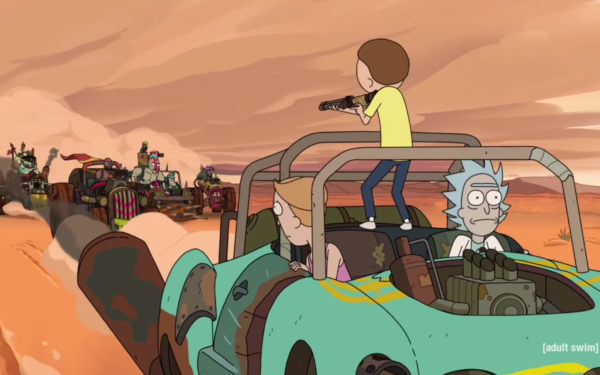 Rick and Morty in a desert race.