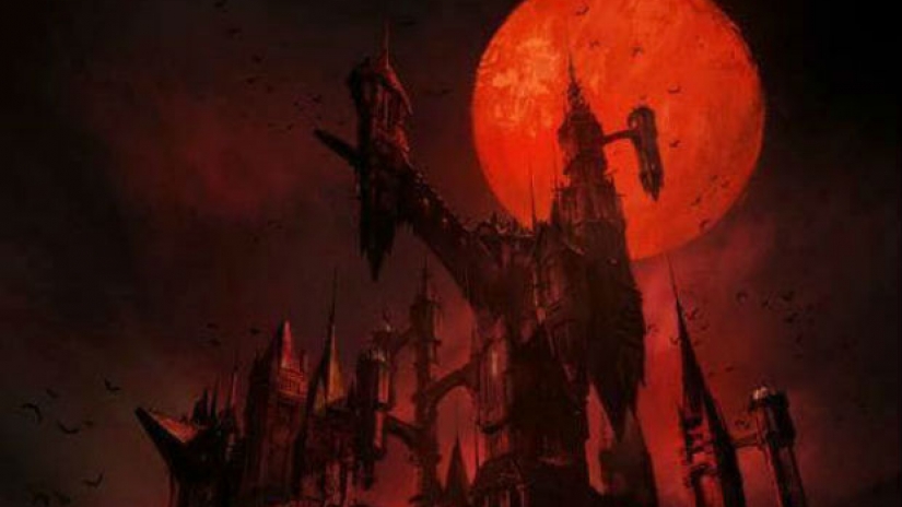 Gothic castle under a red moon.