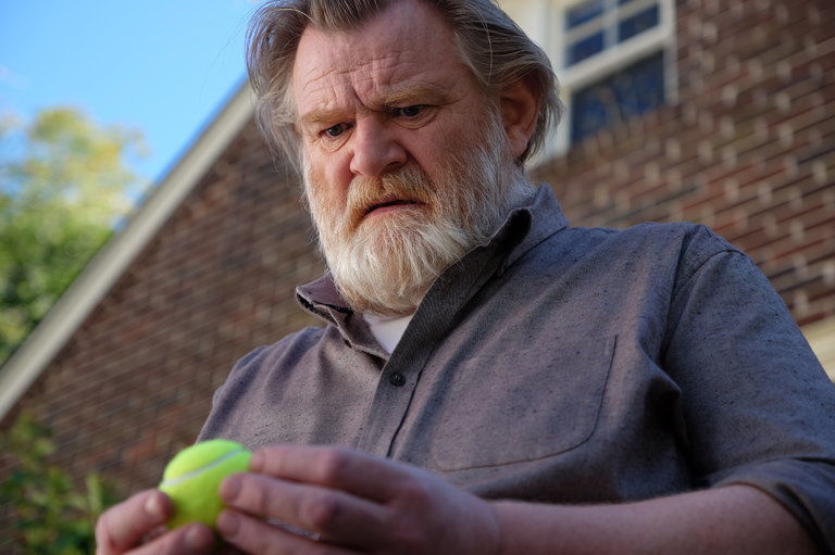 Man with gray beard holds tennis ball.