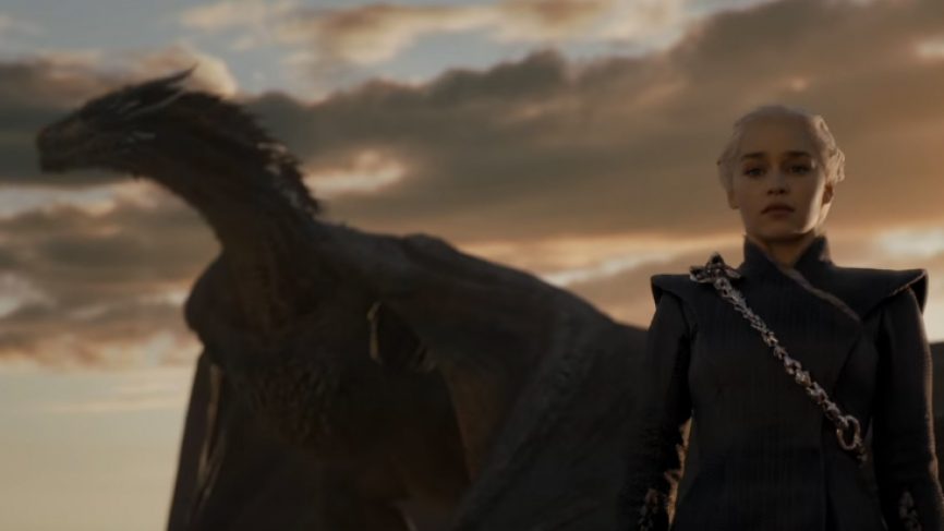 Daenerys Targaryen and Drogon in sunset.