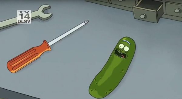 Smiling pickle Rick with tools.