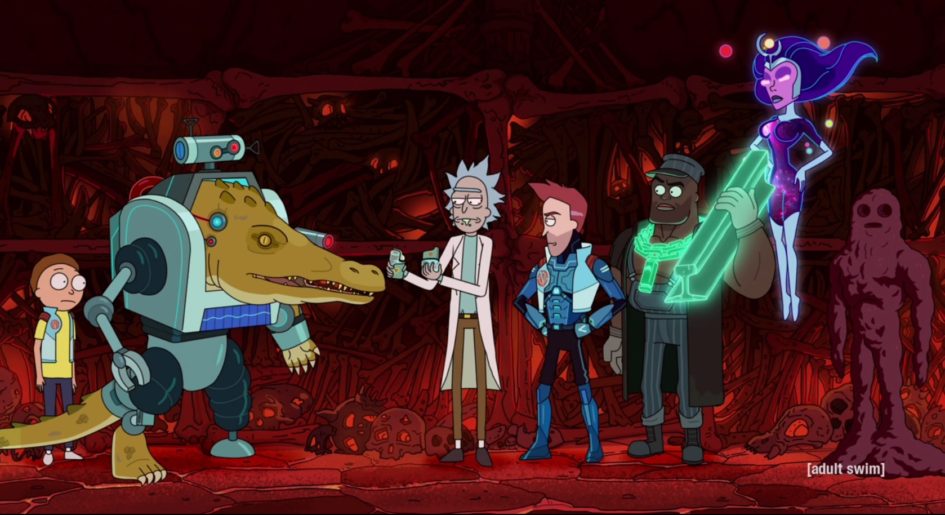 Rick and Morty characters in a cave.