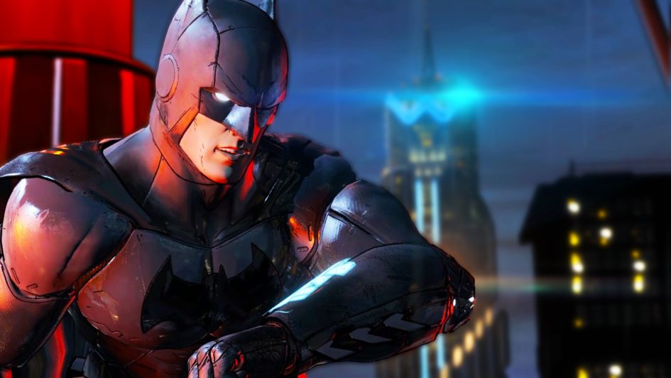 Batman in futuristic suit on city rooftop.