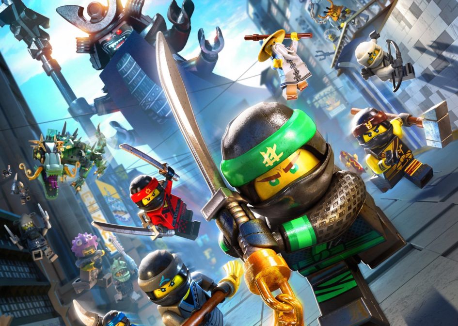 Lego Ninjago characters in a city scene.