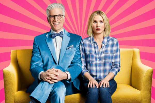 "The Good Place" stars on a yellow couch.