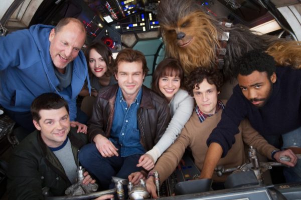 Star Wars cast and Chewbacca on set.