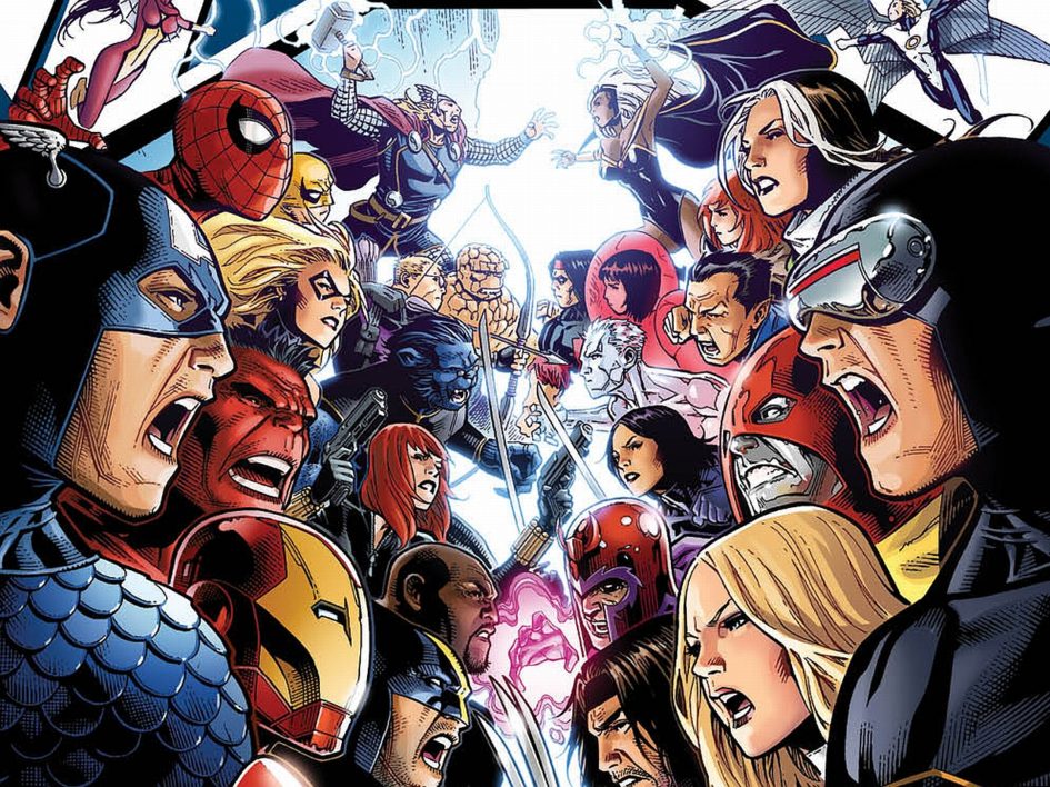 Avengers and X-Men facing off.