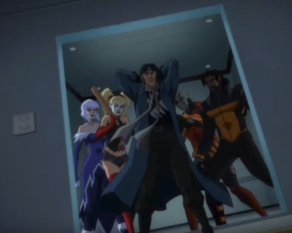 Supervillains stand in an elevator.