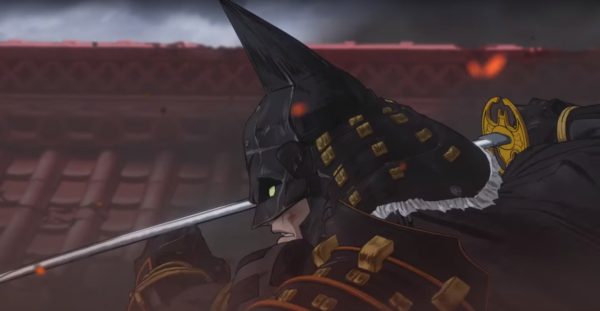 Batman in samurai armor holding a katana.