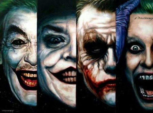 Four Joker portraits with creepy smiles.