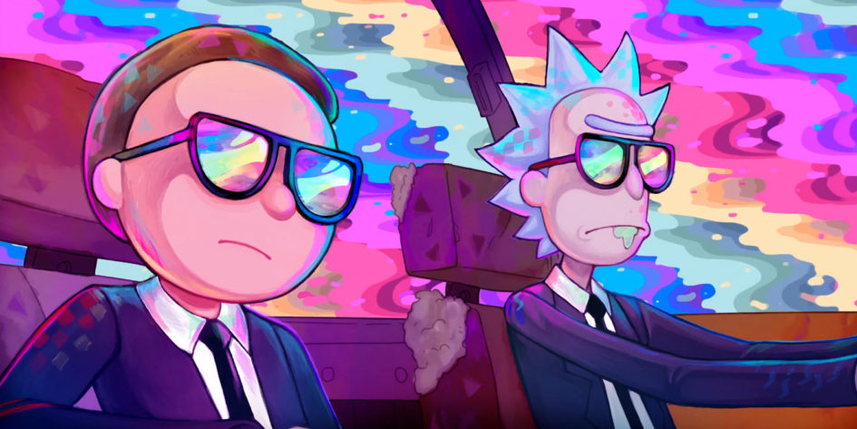 Rick and Morty in suits and sunglasses.