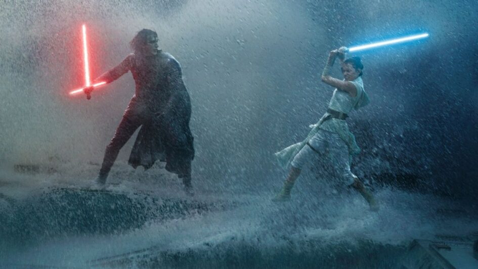 Kylo Ren fights Ren Palpatine in a rainy lightsaber battle from Star Wars Rise of Skywalker