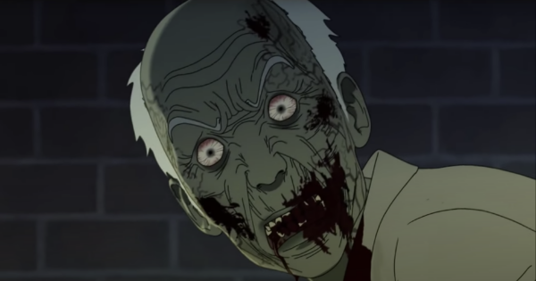 Old man zombie stares at you with white eyes and bloody mouth