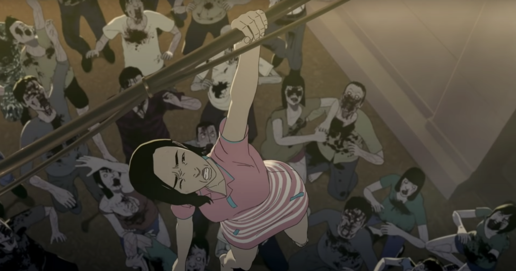 Woman holds on by one hand to rope above multiple zombies in animated scene