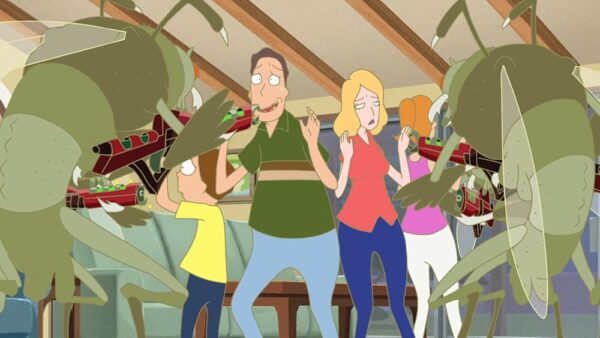 Family confronts alien bugs with weapons.