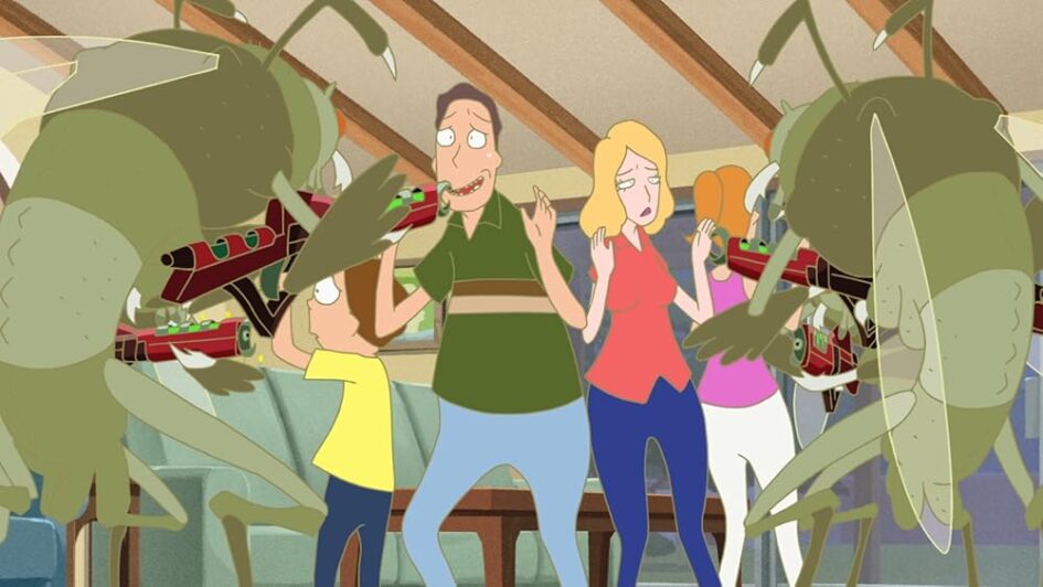 Family confronts alien bugs with weapons.