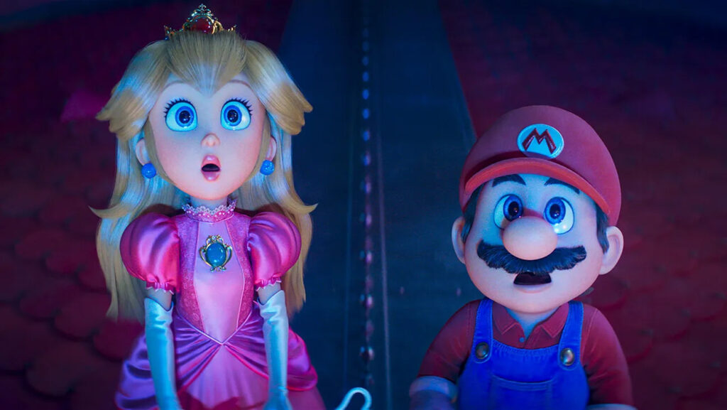 Princess Peach and Mario star with astonishment in The Super Mario Galaxy Movie (2026)